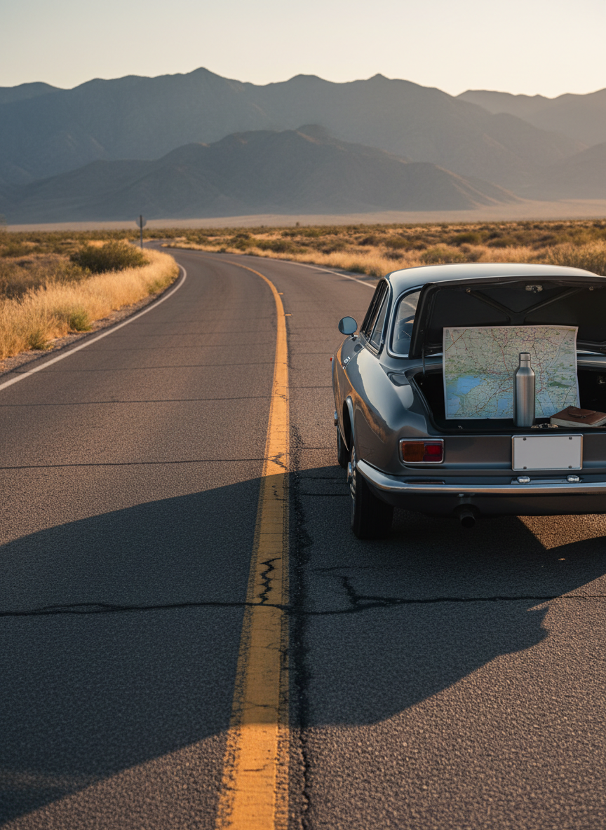 A long, winding two-lane road stretching toward distant blue-gray mountains, captured in crisp photographic realism. The asphalt is slightly worn, with a bright center line drawing the eye forward, symbolizing miles yet to come. On the right shoulder, a well-kept, dark-colored touring car is parked, trunk discreetly open, with a neatly folded map and a stainless-steel water bottle visible. Soft golden-hour light bathes the scene, casting long shadows and a warm glow on scattered wild grasses. The mood is contemplative but hopeful, emphasizing a journey being reframed rather than ended. Shot from a low, centered angle with the road leading into the frame, using deep depth of field for sharp detail from foreground to mountain horizon, clean and sophisticated in tone.