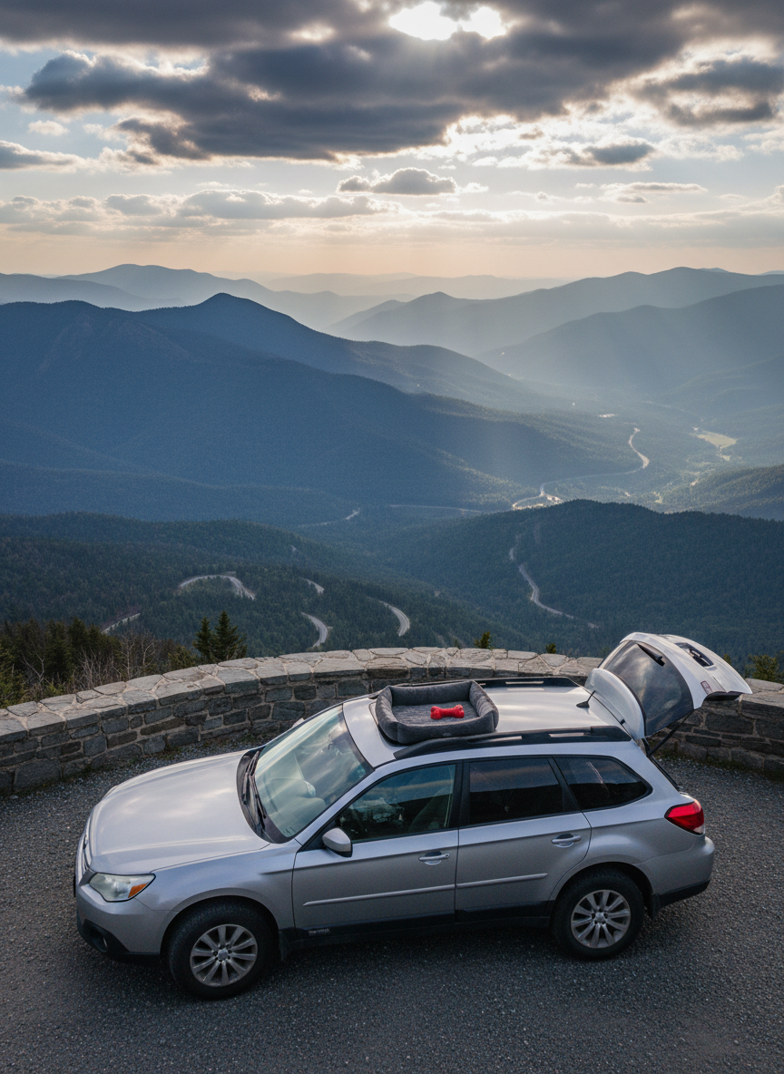 A serene overlook high in the mountains, where a compact SUV rests beside a low stone barrier, facing a sweeping valley of layered peaks and winding roads below. A plush dog bed with a well-worn chew toy sits in the open rear of the car, hinting at a loyal German Shepherd companion just out of frame. Late afternoon sunlight breaks through scattered clouds, creating shafts of light across the valley and subtle highlights on the car’s metallic paint. The atmosphere feels reflective yet steady, balancing vulnerability with resilience. Photographic realism at eye level, composed with the vehicle on the lower third and the vast landscape dominating the scene, emphasizing perspective and the sense of finding purpose amid changed plans.