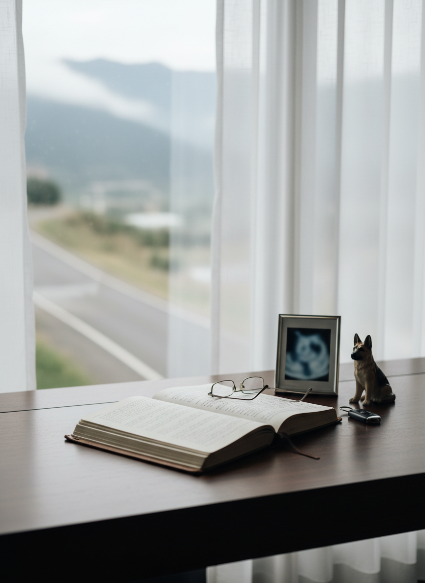 A minimalist, modern writing desk positioned near a large window overlooking distant hazy mountains and a faint ribbon of road. On the desk sits an open leather-bound journal with neat handwriting, a pair of reading glasses, and a small framed scan image, intentionally out of focus so no medical details are legible, evoking diagnosis without explicit text. A sleek key fob and a miniature model of a German Shepherd rest beside the journal, symbolizing the miles ahead and steady companionship. Soft overcast daylight diffuses through sheer curtains, creating gentle, even lighting and subtle reflections on the desk’s dark wood surface. The mood is introspective yet composed, photographed from a slightly elevated angle with shallow depth of field, focusing on the journal while the outside world softly blurs into possibility.
