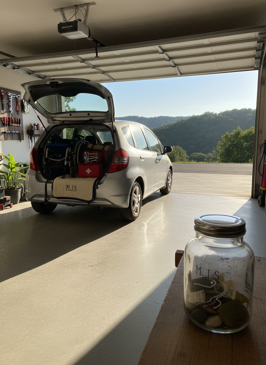 A cozy, thoughtfully organized garage with the rear of a road-ready hatchback facing outward toward a sunlit driveway and distant tree-covered hills. The open trunk reveals neatly packed travel gear: a folded lightweight wheelchair, a compact tool kit, a first-aid bag, and a soft, monogrammed dog blanket. Nearby, an elegant glass jar labeled only with a subtle road icon (no text) contains collected mementos like toll tickets and small stones, implying support for future journeys without charity framing. Warm late-morning light streams in from the open door, casting gentle shadows and giving the scene a hopeful, practical atmosphere. Photographic realism from an eye-level angle, with balanced composition that highlights preparedness, adaptation, and quiet purpose in the miles ahead.